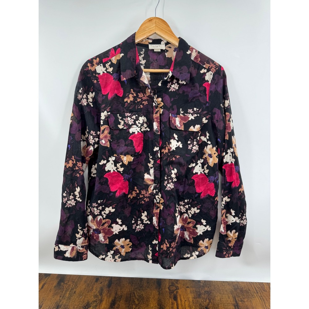 LOFT Button Down Shirt Size Medium Warm Florals Long Sleeves Cotton Pockets